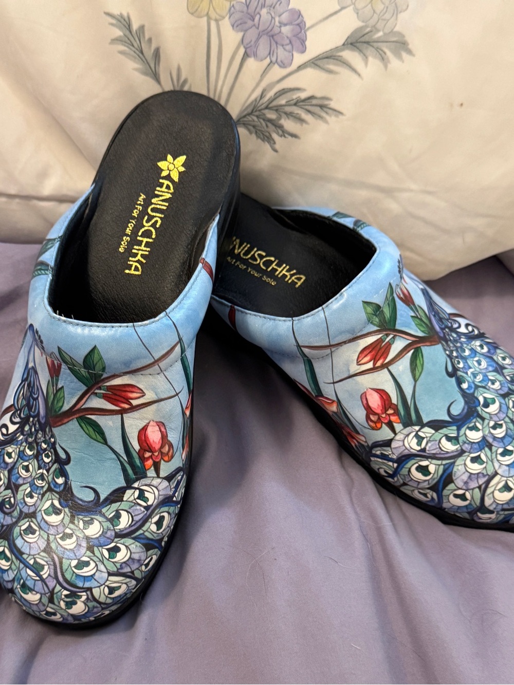 Anuschka Blue Peacock colorful Leather Clogs - Picture 2 of 4